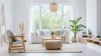 Fototapeta premium A bright, Scandinavian-style living room with white furniture, wooden accents, and large windows letting in natural light, creating a fresh and airy atmosphere.