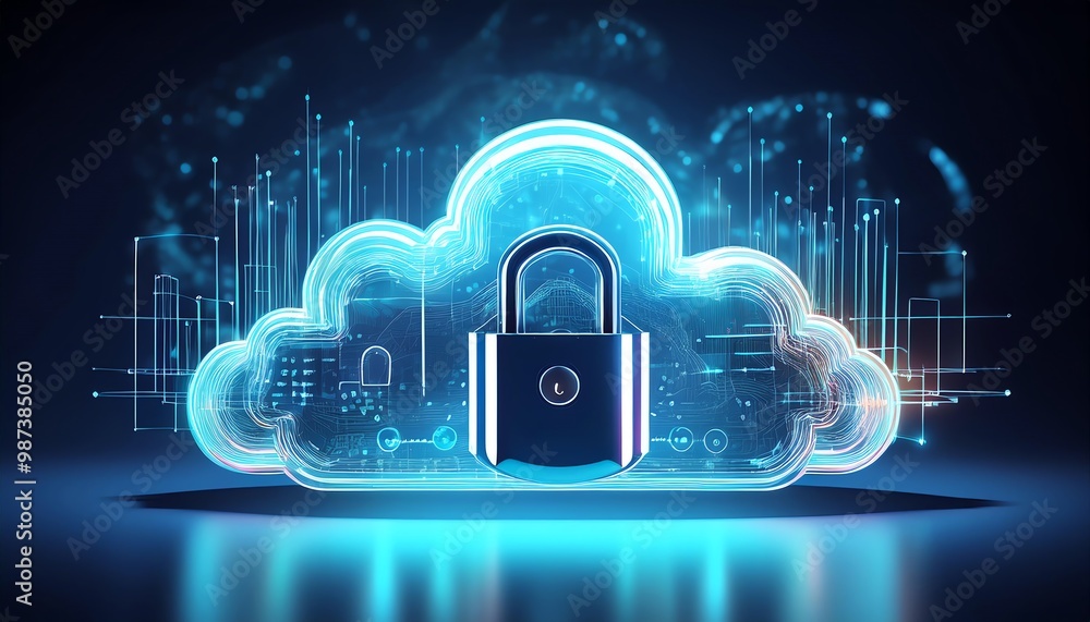 Poster a digital cloud with a padlock symbolizes secure cloud storage and data protection in a high-tech en