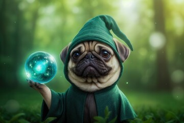 A whimsical pug in a green wizard's robe holds a glowing orb, set in a magical forest environment filled with soft light and greenery.