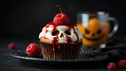 Halloween cupcake topped with a skull and raspberry sauce.