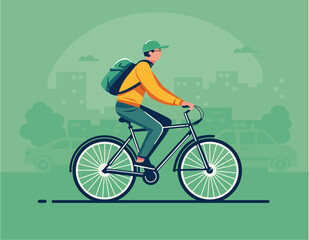 Fototapeta premium Flat Color Vector Illustration of a Man Riding a Bicycle in City Traffic