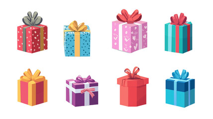 set of A stack of colorful wrapped gift boxes isolated on transparent background, illustration. Design element for Christmas card, Christmas greeting card, anniversary card. Invitation card.