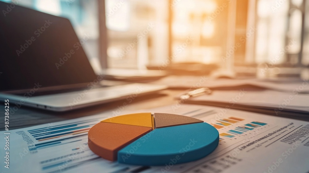 Poster a close-up of a 3d pie chart on a desk, surrounded by business reports and a laptop, highlighting th