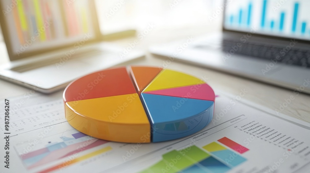 Aufkleber a close-up of a 3d pie chart on a desk, surrounded by business reports and a laptop, highlighting th