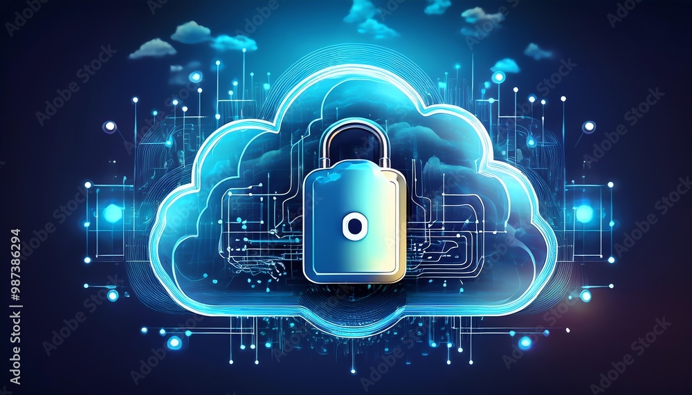 Poster a digital concept image featuring a cloud with a padlock, symbolizing data security and privacy in c