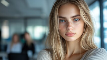 A young woman with long blonde hair and piercing blue eyes stands in focus in a modern office setting, with blurred figures and interiors in the background