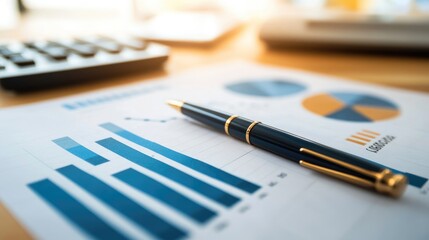 A close-up of a banking report featuring detailed financial graphs, with a pen and calculator placed nearby, symbolizing the analysis of financial performance.