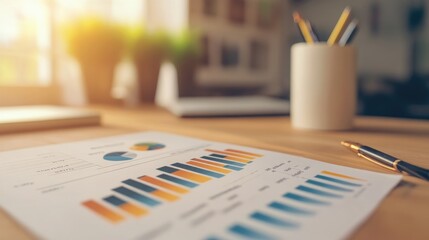 A close-up of a financial report featuring a detailed bar chart, with various colored bars indicating quarterly performance, set against a sleek office desk.
