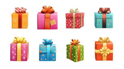 set of A stack of colorful wrapped gift boxes isolated on transparent background, illustration. Design element for Christmas card, Christmas greeting card, anniversary card. Invitation card.