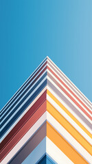 Minimalist architectural photography of a colorful striped building corner with a clear blue sky background geometric shapes and high contrast