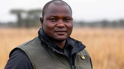 Wildlife conservationist observes and studies animals in a vast African landscape