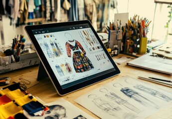 A designer's workspace with a tablet displaying fashion sketches and various art supplies.