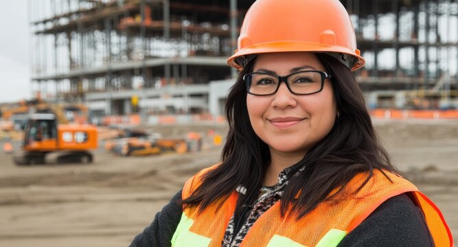 A confident Latina construction worker stands in her safety gear on a bustling job site