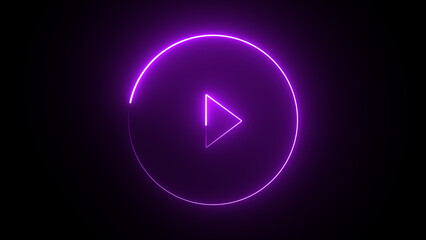 Music play button icon animation in purple glowing neon circle and press icon