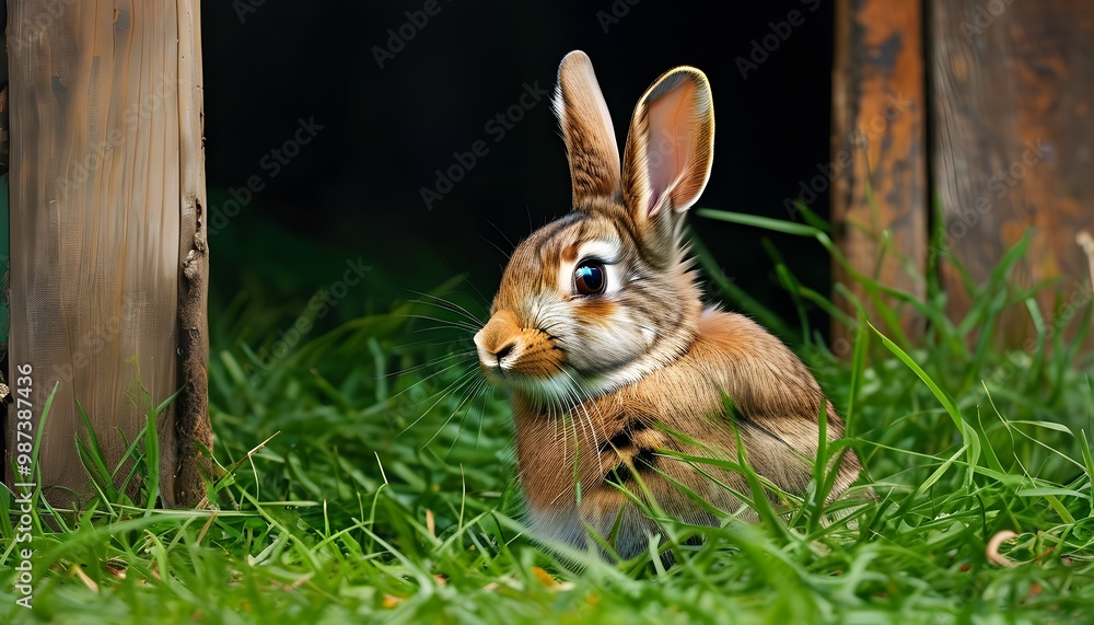 Wall mural brown rabbit exploring rural farmhouse surrounded by lush green grass