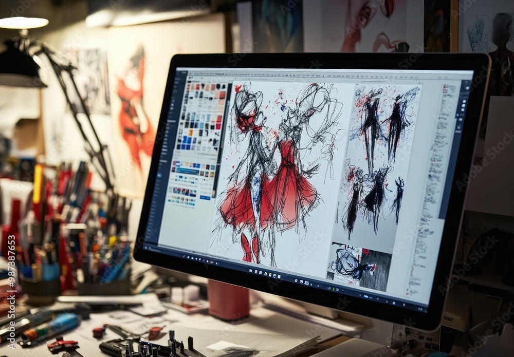 Poster Digital artwork displayed on a monitor, featuring sketches of characters in creative poses.