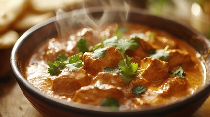 A close-up of a steaming bowl of butter chicken garnished with fresh cilantro, served with fluffy naan bread, capturing the essence of this beloved dish