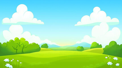 Obraz premium A cute cartoon vector illustration flat cartoon of Green meadow landscape and mini white flower,Green hills background .