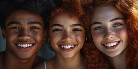 Fototapeta premium A vibrant image showcasing three friends with joyful smiles. Their diverse backgrounds reflect unity. Perfect for lifestyle or friendship themes. Bright and engaging. AI