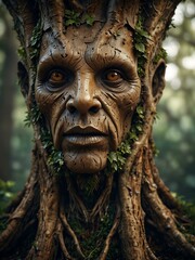 Hyper-realistic rendering of an ancient tree spirit.