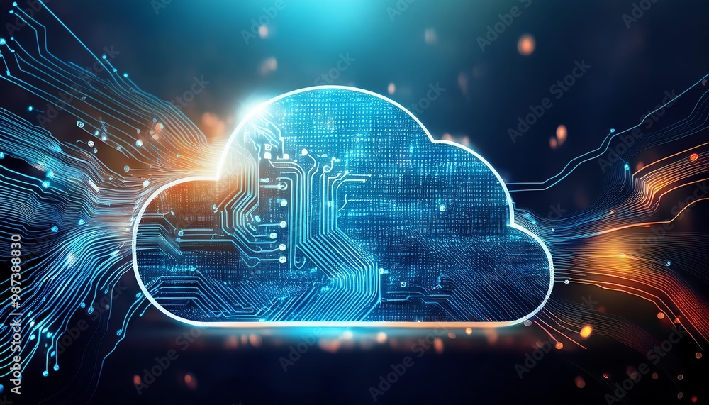 Poster a glowing cloud icon surrounded by digital circuitry and light trails, symbolizing cloud computing a