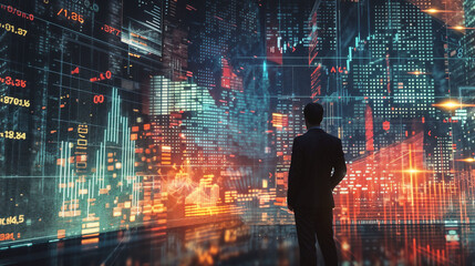 Businessman observing futuristic financial data interface. Stock market analysis and trading concept. Digital city skyline with data visualization overlay