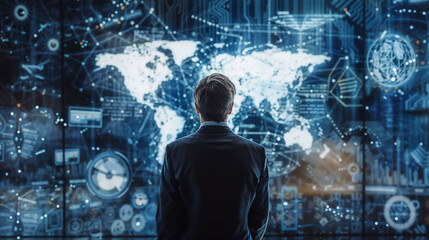 Businessman facing digital world map with data visualization. Global business intelligence concept. International market analysis. Technological approach to strategic decision-making