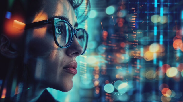 Young woman data analyst with glasses looking at futuristic digital interface. Profile view highlighting technology integration. Concept of augmented reality and data visualization