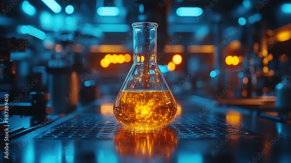 Poster a close-up of a flask filled with a glowing liquid, sitting on a metal table in a futuristic lab.
