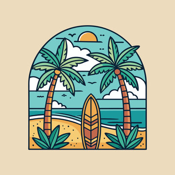 Tropical Beach Sunset with Palm Tree and Surfboards - Vector Illustration