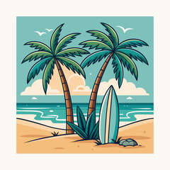Tropical Beach Sunset with Palm Tree and Surfboards - Vector Illustration