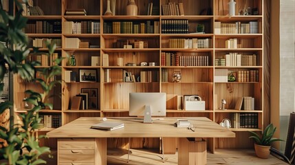 Obraz premium A modern and eco-friendly home office with a wooden desk and bookshelves lining the walls