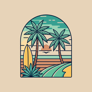 Tropical Beach Sunset with Palm Tree and Surfboards - Vector Illustration