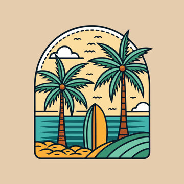 Tropical Beach Sunset with Palm Tree and Surfboards - Vector Illustration