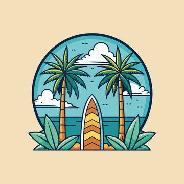 Tropical Beach Sunset with Palm Tree and Surfboards - Vector Illustration