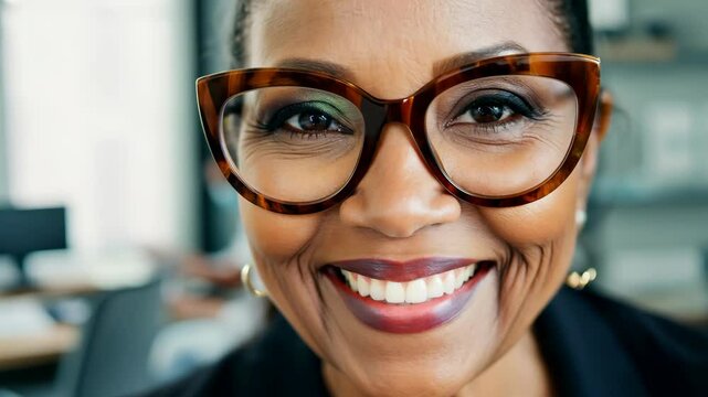 Middle-Aged Latina Woman Smiling in Tortoise-Shell Glasses at Optician