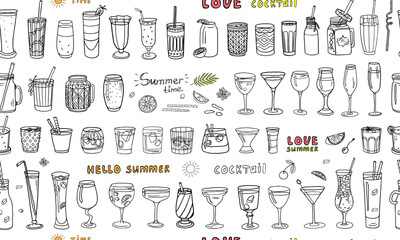Seamless pattern of acoholic and non-acoholic cocktails with ice cubes, mint, fruits and text. Great for bar menu design, packaging. Vector illustration. Doodle style. Isolated on white background