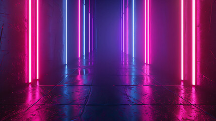 Neon lights casting vibrant hues in dark corridor