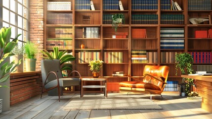 A modern and eco-friendly legal services office with law books and satisfied clients