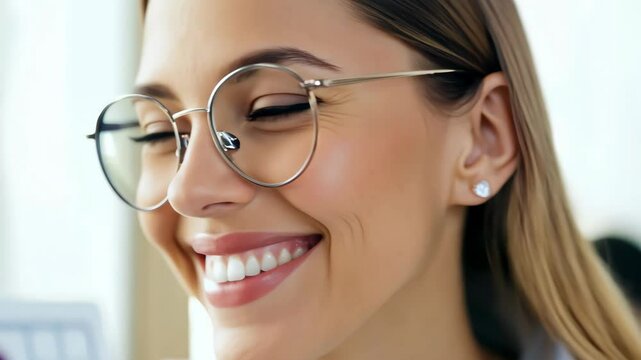 Young Attractive Woman Smiling in Sleek Metal Glasses at Optician