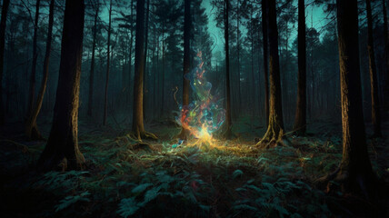 Fototapeta premium Magical forest with a bonfire at night