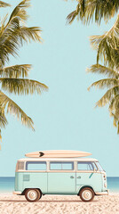 light blue retro van with a surfboard on the roof stands near palm trees on a beach exuding summer vibes with its pastel colors
