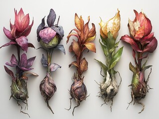 Colorful Flower Bulbs with Roots - Botanical Still Life Photography