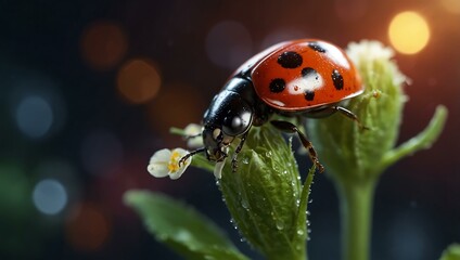 Ladybug on a flower with glowing network effects.