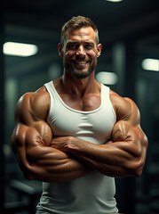 Fototapeta premium A Stunning Display of Strength and Detail: Muscular Man Posing Confidently in a Gym, showcasing a detailed physique in a white tank top with a blurred background