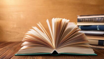A book is open on a wooden table with several other books stacked on top of it. The open book is a novel, and the other books are various sizes and colors