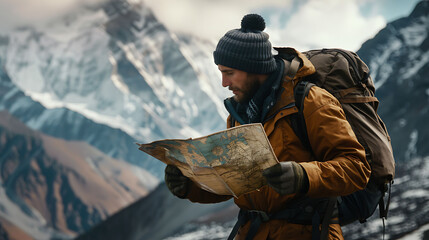 Explorer gazing at mountains with backpack and map in hand