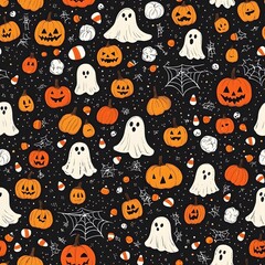 A fun, spooky Halloween-themed seamless pattern with pumpkins and ghosts