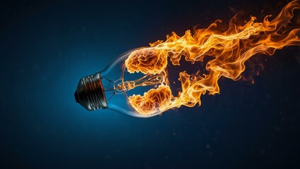 Light bulb breaking apart in flames on a vibrant blue background.