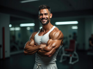 Fototapeta premium A Stunning Display of Strength and Detail: Muscular Man Posing Confidently in a Gym, showcasing a detailed physique in a white tank top with a blurred background
